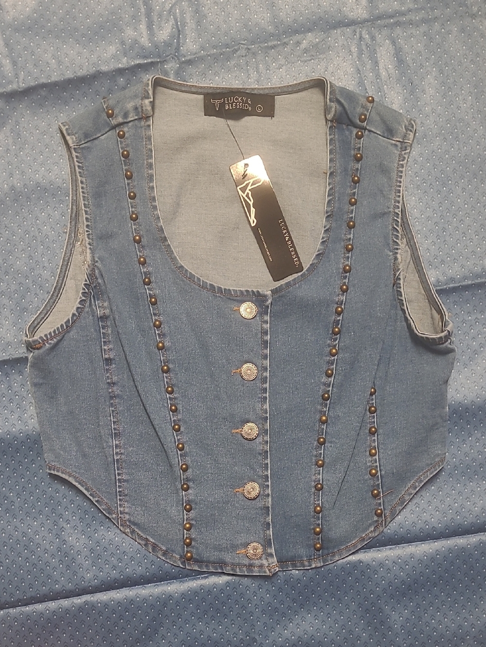 Lucky & Blessed Light Blue Denim Studded Crop Vest